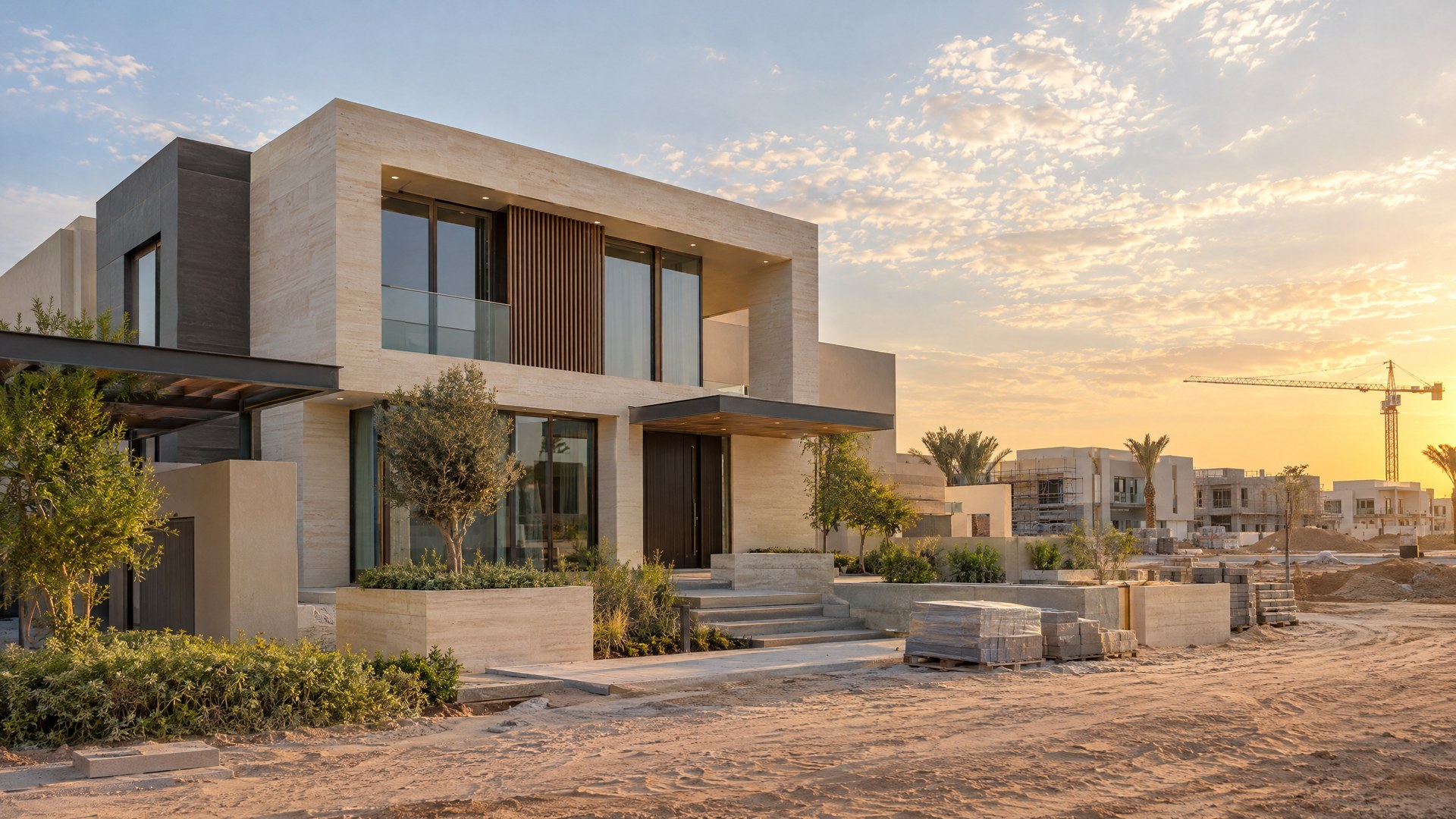 Illustrative view of a generic Dubai villa community under construction; not a photograph of Expo City Dubai.