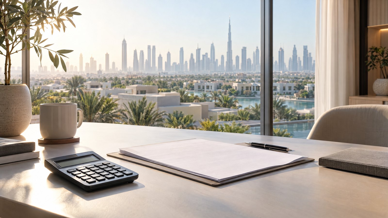 Illustration of a calculator and blank paperwork on a desk, with Dubai-style residential rooftops and a city skyline in the background.