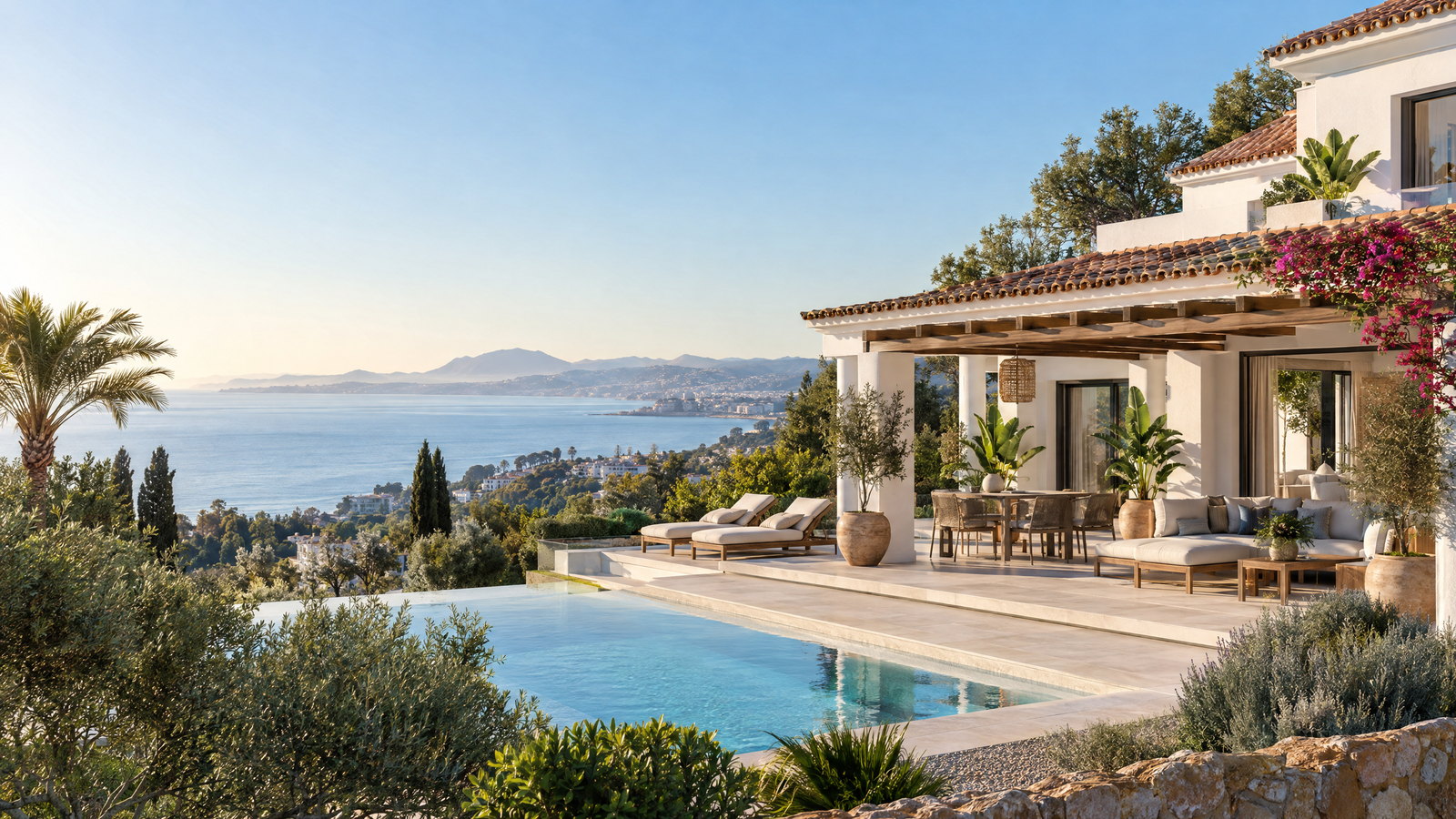 Illustrative contemporary Mediterranean villa on the Costa del Sol with the sea in the background; not an identifiable property.